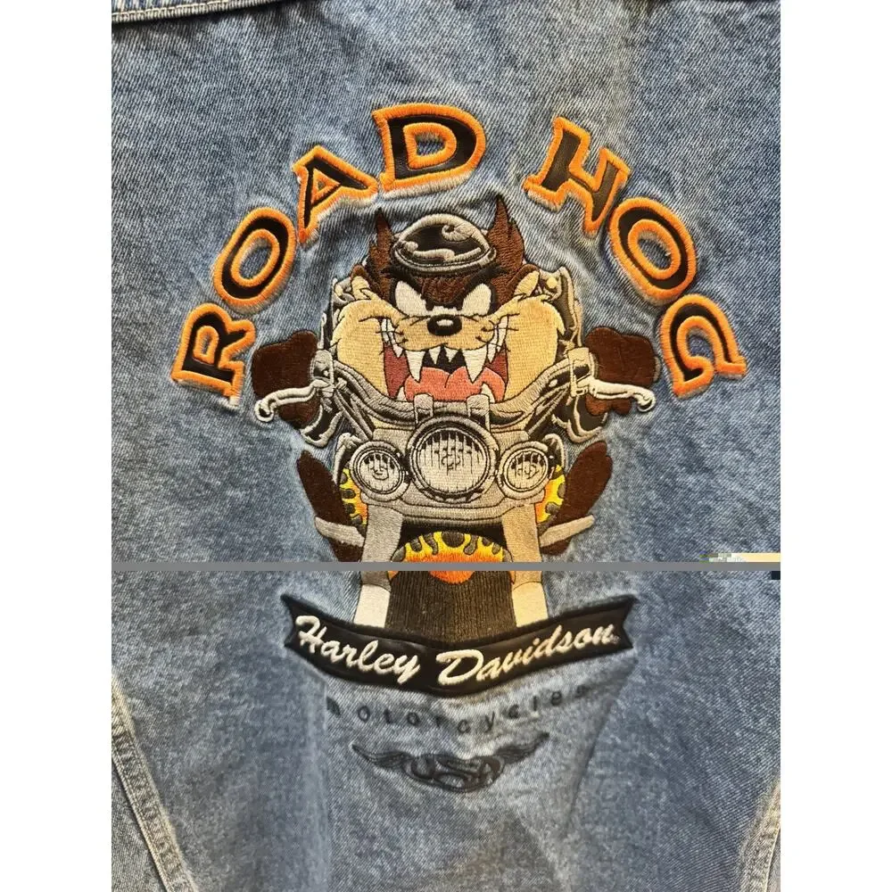 Vintage Harley Davidson TAZ Road Hog Embroidered Denim Vest XXXL Warner Bros